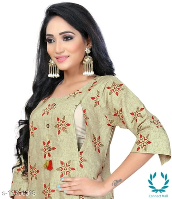 Women Cotton Maternity Applique Kurti - M (Bust Size: 38 in, Size Length: 44 in) , Light Green, Cotton, Single